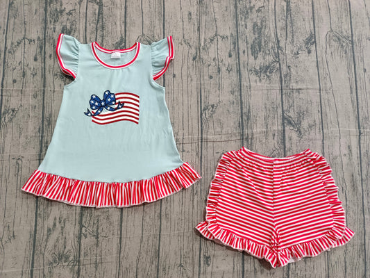 GSSO3278 Preorder IRL Baby Girl Embroidery Bow Flags Tunic Stripe Shorts 4th of July Clothes Set