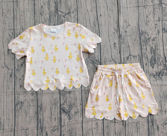 GSSO3281 Preorder Sample Baby Girl Small Ducks Flowers Top Scallop Shorts Clothes Sets