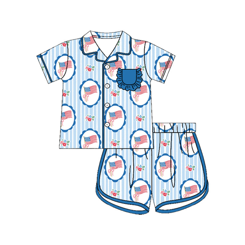 Pre-order no moq GSSO3287 pre-order baby girl clothes flag bow short sleeve shorts summer outfit-26.1.23