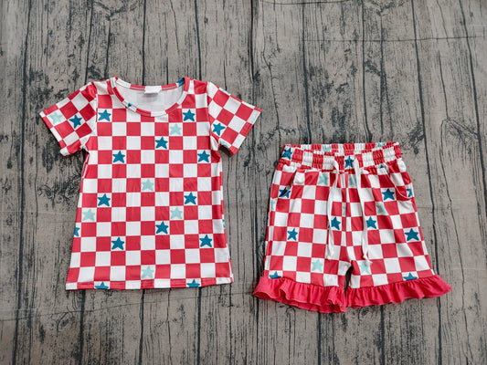 GSSO3293 Preorder Sample Baby Girls Red Checked Stars Top Pockets Ruffle Shorts 4th of July Clothes Sets
