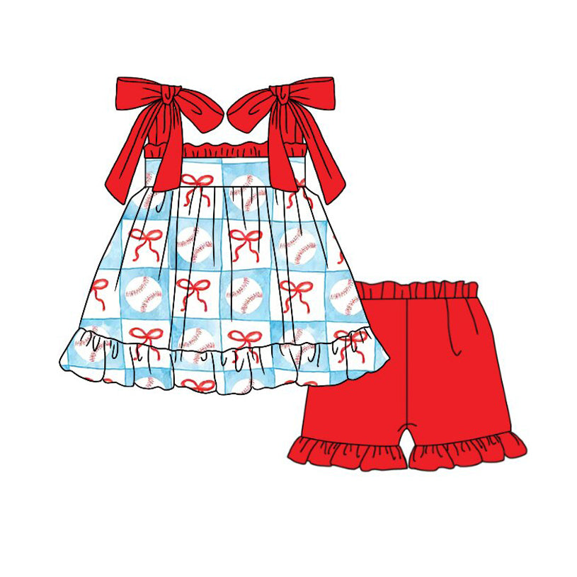 Pre-order Baby Girl Strap Red Bows Baseball Tunic Ruffle Short July 4th Clothes Sets GSSO3298