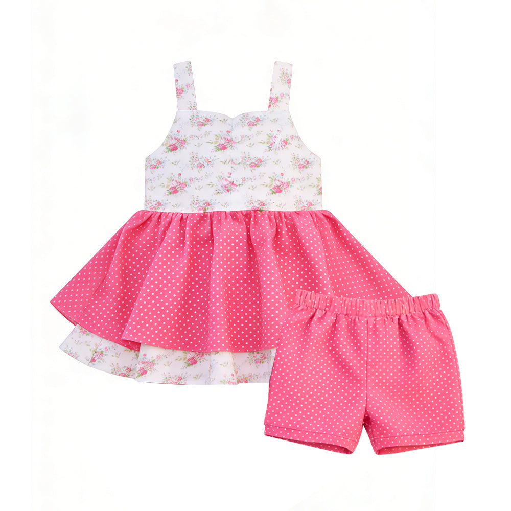 Pre-sale Baby Girl Strap Flowers Polka Dots Button Tunic Shorts Clothes Sets GSSO3302