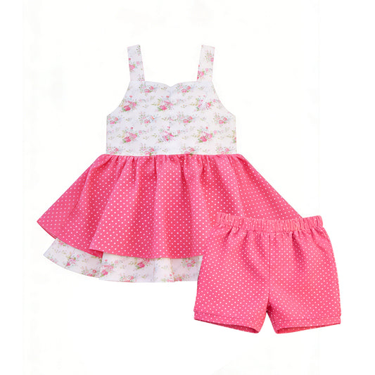 Pre-sale Baby Girl Strap Flowers Polka Dots Button Tunic Shorts Clothes Sets GSSO3302