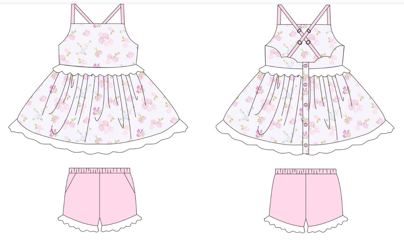 Pre-sale Baby Girl Strap Flowers Button Tunic Pockets Ruffle Shorts Clothes Sets GSSO3303