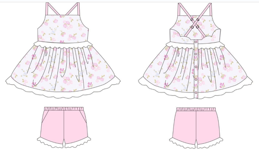 Pre-sale Baby Girl Strap Flowers Button Tunic Pockets Ruffle Shorts Clothes Sets GSSO3303