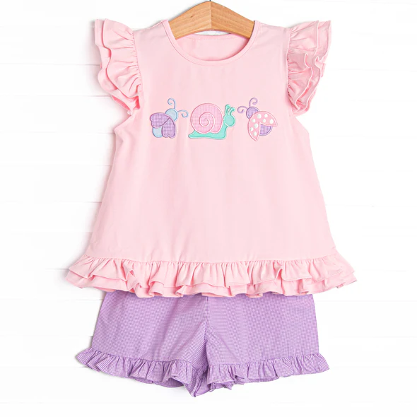 GSSO3305 Preorder Baby Girl Embroidery Ladybirds Snails Tunic Ruffle Shorts Clothes Sets