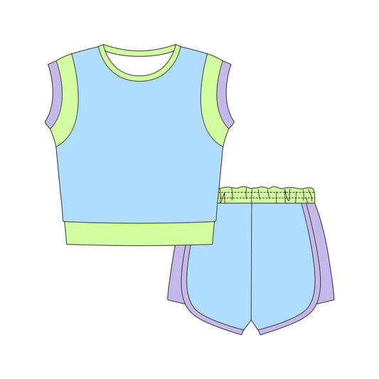 GSSO3308 Preorder Baby Girl Blue Top Elastic Shorts Cotton Clothes Sets