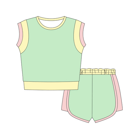 GSSO3309 Preorder Baby Girl Green Top Elastic Shorts Cotton Clothes Sets