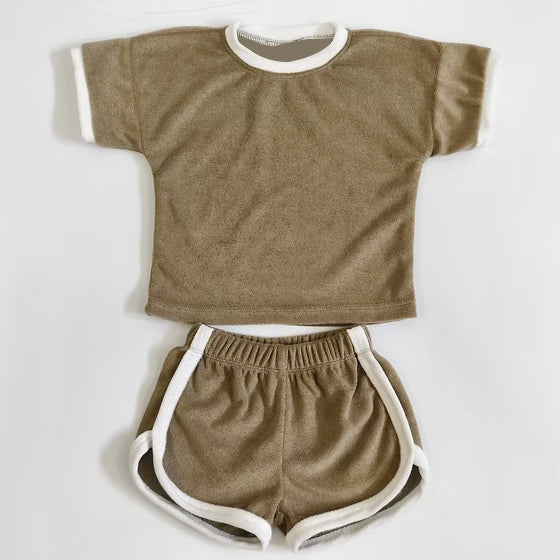 GSSO3311 Preorder Baby Girl Khaki Shirts Top Short Outfits Clothes Pajamas Sets