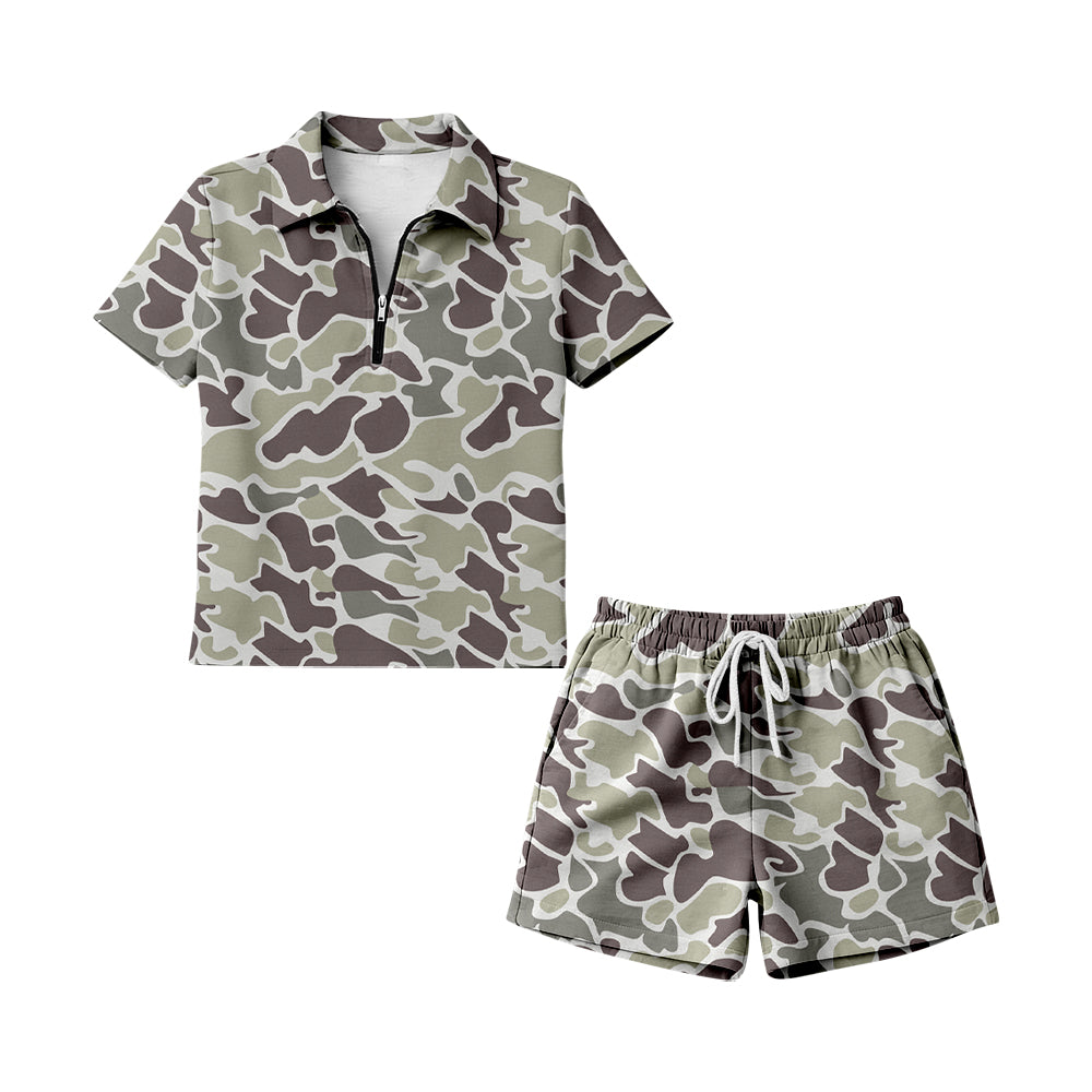GSSO3313 Preorder Adult Women Girl Southern Grey Camo Zipper Pullovers Pockets Short Clothes Sets
