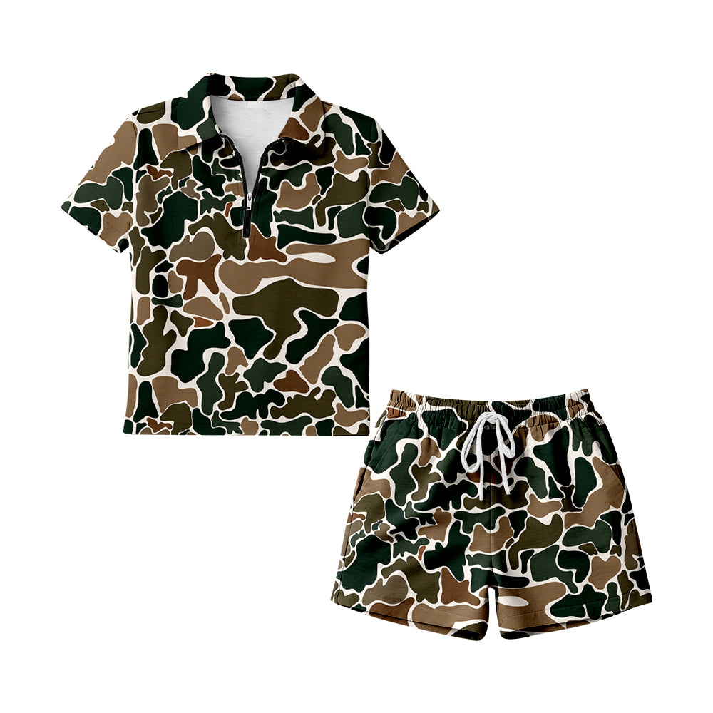 GSSO3315 Preorder Adult Women Girl Southern Brown Camo Zipper Pullovers Pockets Short Clothes Sets