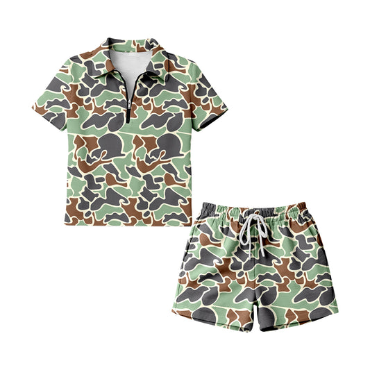 GSSO3319 Preorder Adult Women Girl Southern Green Camo Zipper Pullovers Pockets Short Clothes Sets