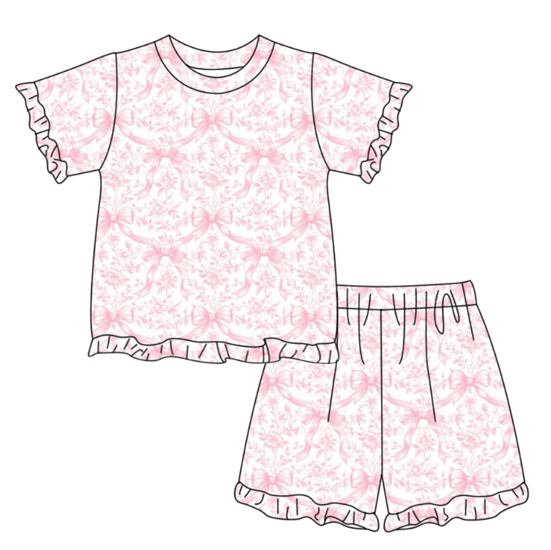 GSD3770 Preorder Baby Girl Pink Bows Flowers Top Ruffle Shorts Pajamas Clothes Sets