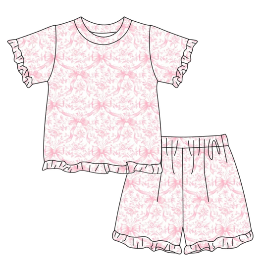 GSD3770 Preorder Baby Girl Pink Bows Flowers Top Ruffle Shorts Pajamas Clothes Sets