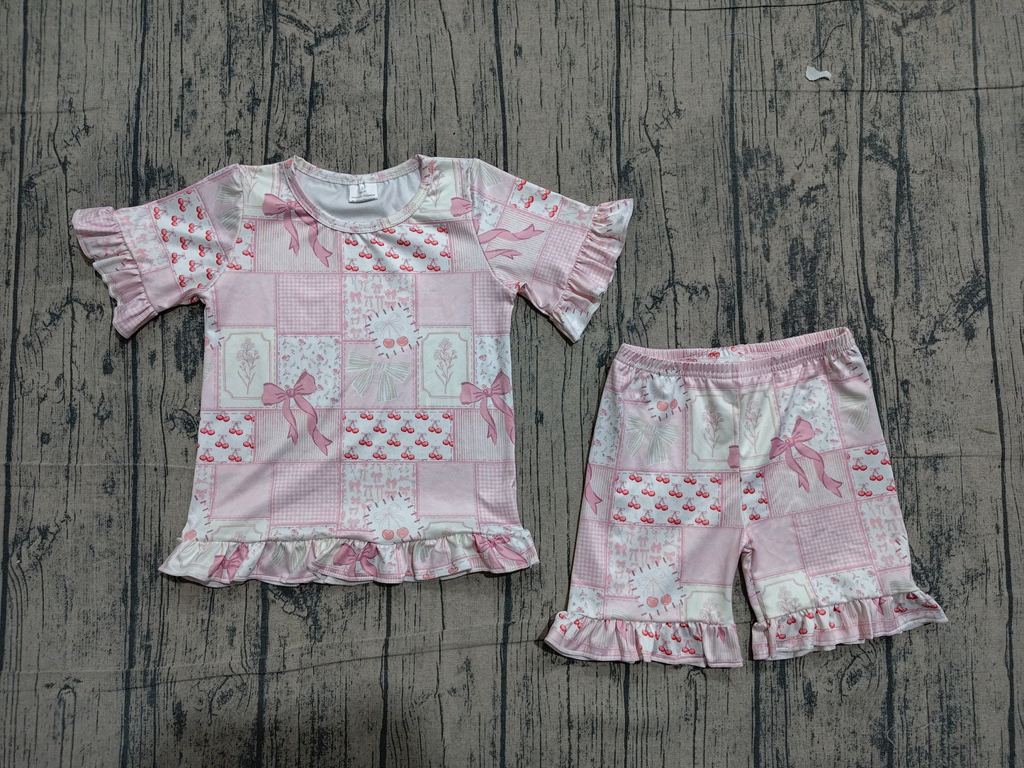 GSSO3321 Preorder Sample Baby Girls Bows Flowers Checked Top Ruffle Shorts Pajamas Clothes Sets