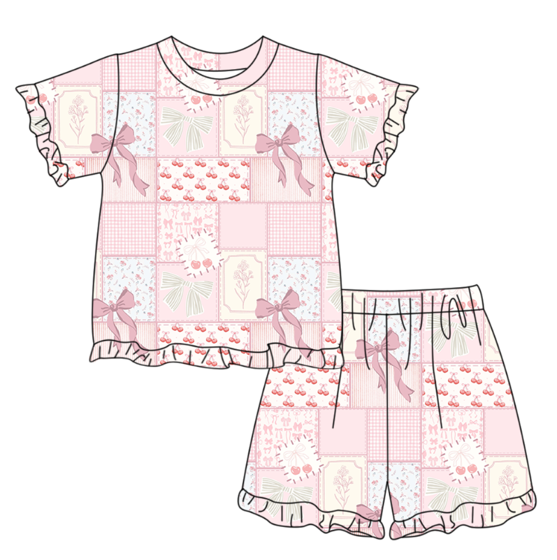 GSSO3321 Preorder Baby Girl Bows Flowers Checked Top Ruffle Shorts Pajamas Clothes Sets
