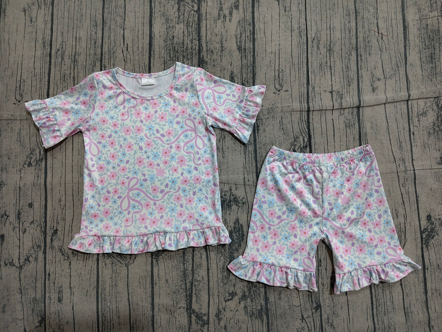 GSD3875 Preorder Sample Baby Girls Pink Bows Flowers Top Ruffle Shorts Pajamas Clothes Sets