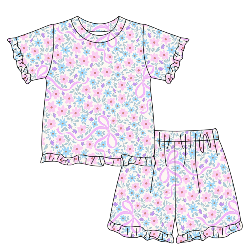 GSSO3322 Preorder Baby Girl Pink Bows Flowers Top Ruffle Shorts Pajamas Clothes Sets