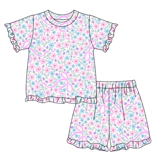 GSSO3322 Preorder Baby Girl Pink Bows Flowers Top Ruffle Shorts Pajamas Clothes Sets