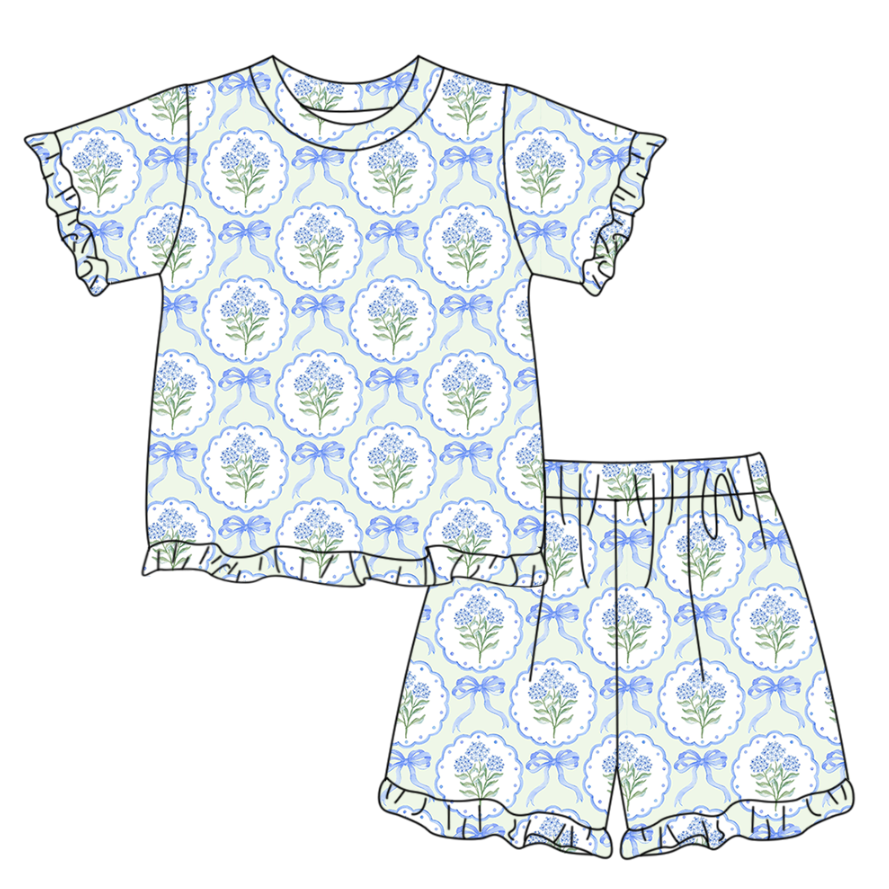 GSSO3323 Preorder Baby Girl Blue Bows Flowers Top Ruffle Shorts Pajamas Clothes Sets