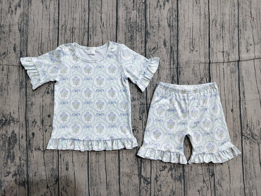 GSSO3323 Preorder Sample Baby Girls Blue Bows Flowers Top Ruffle Shorts Pajamas Clothes Sets