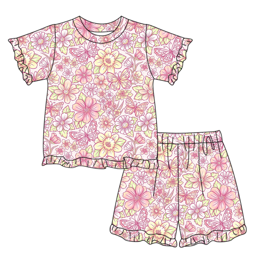 GSSO3325 Preorder Baby Girl Pink Butterfly Flowers Top Ruffle Shorts Pajamas Clothes Sets