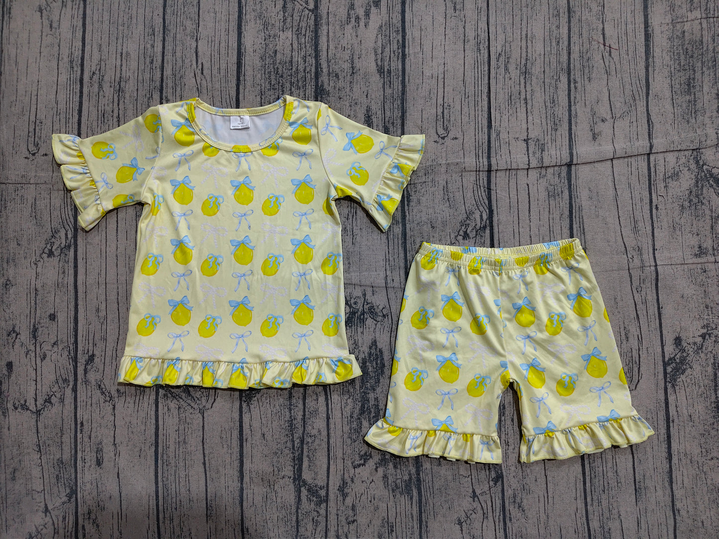 GSSO3326 Preorder Sample Baby Girls Bows Lemons Top Ruffle Shorts Pajamas Clothes Sets