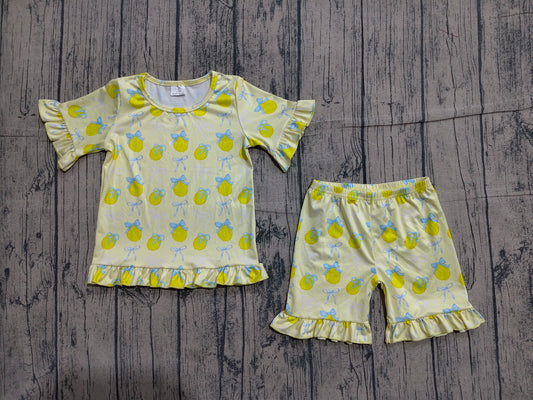 GSSO3326 Preorder Sample Baby Girls Bows Lemons Top Ruffle Shorts Pajamas Clothes Sets
