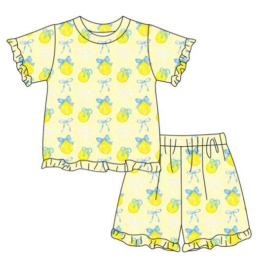 GSSO3326 Preorder Baby Girl Bows Lemons Top Ruffle Shorts Pajamas Clothes Sets
