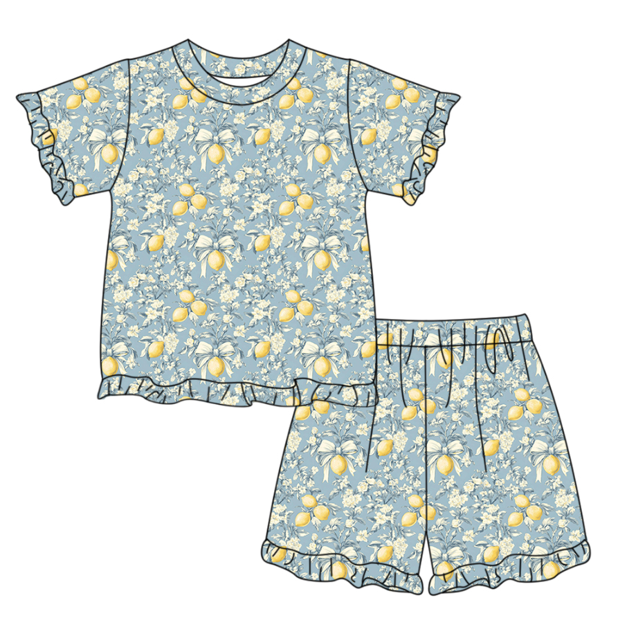 GSSO3327 Preorder Baby Girl Bows Lemons Top Ruffle Shorts Pajamas Clothes Sets