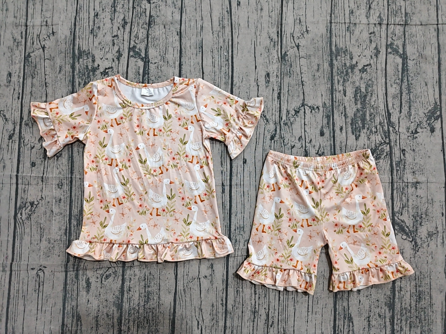 GSSO3329 Preorder Sample Baby Girls Flowers Gooses Top Ruffle Shorts Pajamas Clothes Sets