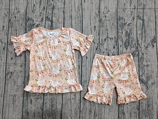 GSSO3329 Preorder Sample Baby Girls Flowers Gooses Top Ruffle Shorts Pajamas Clothes Sets