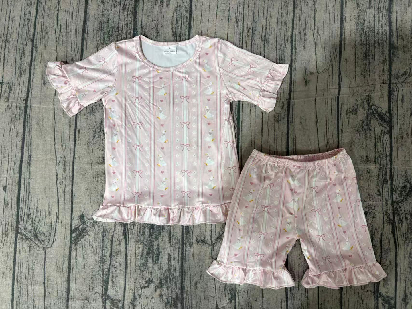 GSSO3330 Preorder Sample Baby Girl Bow Gooses Stripe Top Ruffle Shorts Pajamas Clothes Sets