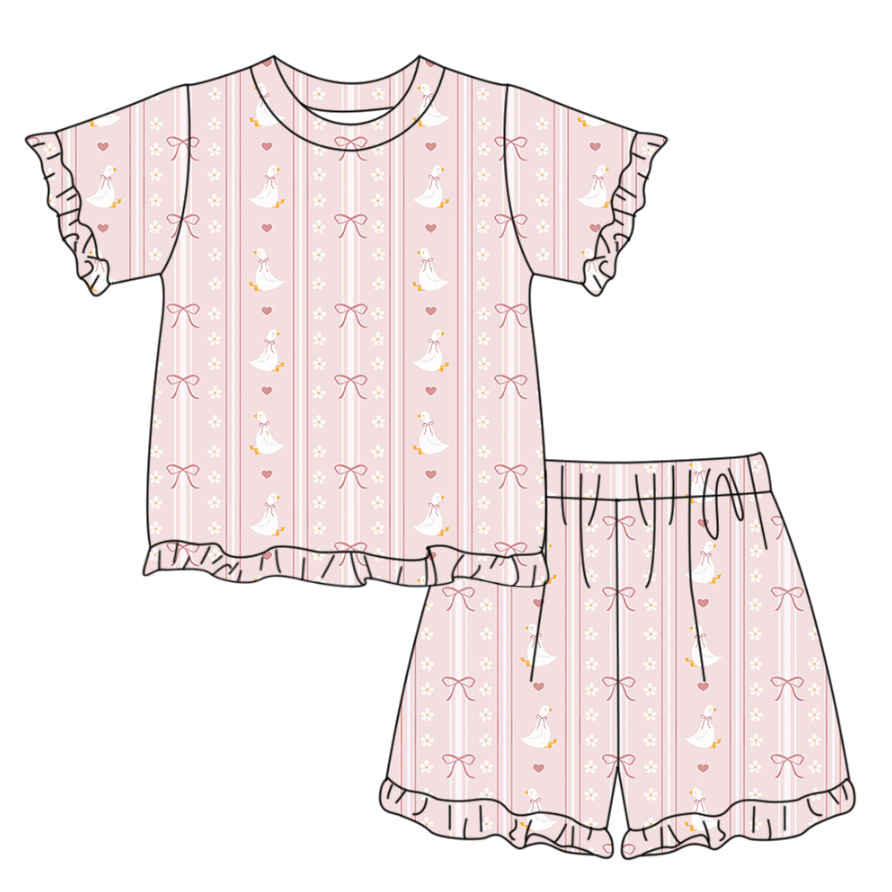 GSSO3330 Preorder Baby Girl Bow Gooses Stripe Top Ruffle Shorts Pajamas Clothes Sets