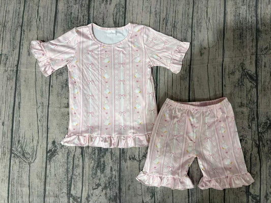 GSSO3330 Preorder Sample Baby Girl Bow Gooses Stripe Top Ruffle Shorts Pajamas Clothes Sets