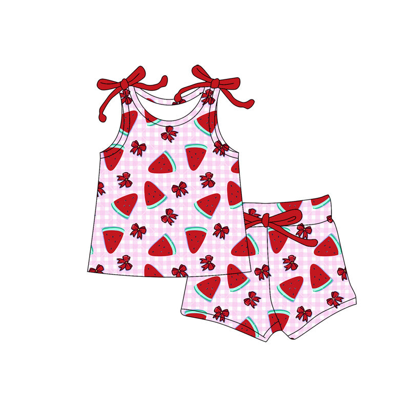 GSSO3333 Preorder Baby Girl Pink Checked Bows Strawberry Vest Shorts Clothes Sets