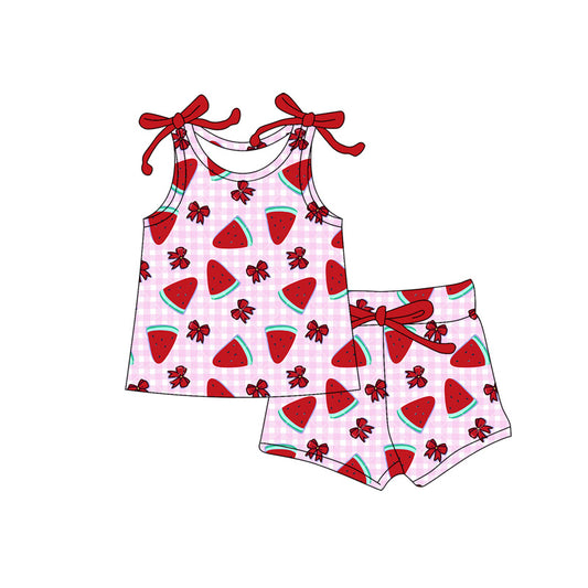 GSSO3333 Preorder Baby Girl Pink Checked Bows Strawberry Vest Shorts Clothes Sets
