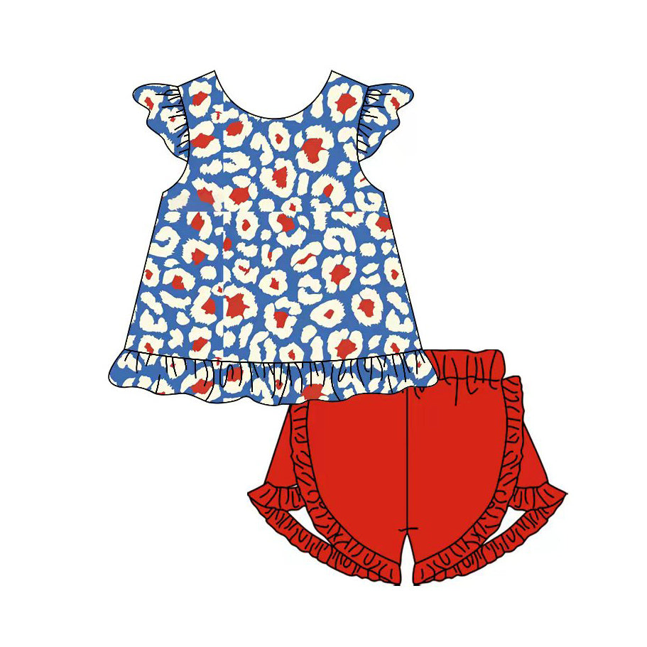 GSSO3334 Preorder Baby Girl Red Blue Leopard Tunic Ruffle Shorts 4th of July Clothes Sets