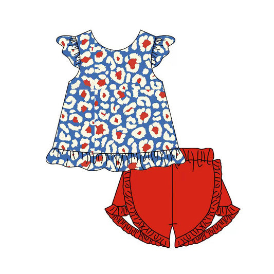 GSSO3334 Preorder Baby Girl Red Blue Leopard Tunic Ruffle Shorts 4th of July Clothes Sets
