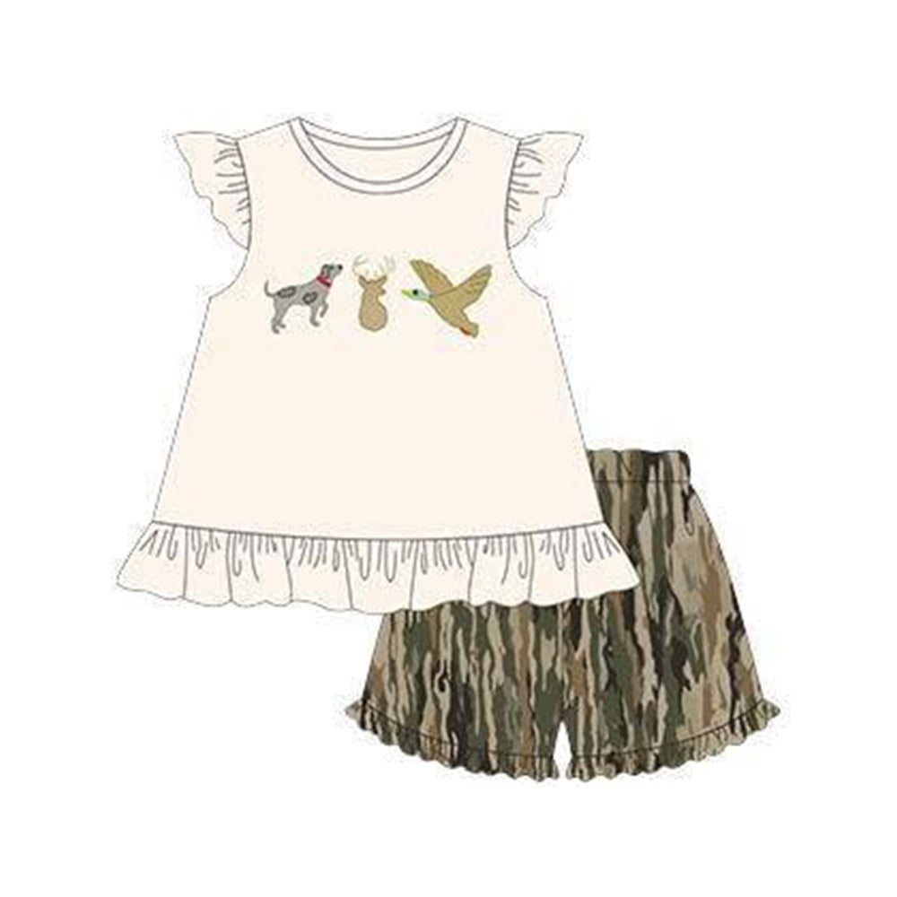 GSSO3335 Preorder Baby Girl Dog Ducks Deer Tunic Olive Camo Ruffle Shorts Hunting Clothes Sets