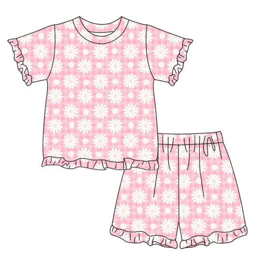 GSSO3336 Preorder Baby Girl Short Sleeve Pink Checked Daisy Flowers Top Ruffle Short Clothes Set