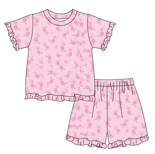GSSO3338 Preorder Baby Girl Short Sleeve Pink Flowers Top Ruffle Short Clothes Set