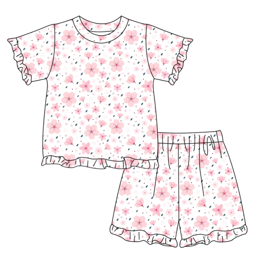 GSSO3340 Preorder Baby Girl Short Sleeve Pink Flowers Top Ruffle Short Clothes Set
