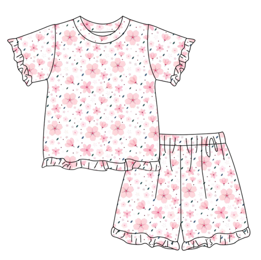 GSSO3340 Preorder Baby Girl Short Sleeve Pink Flowers Top Ruffle Short Clothes Set