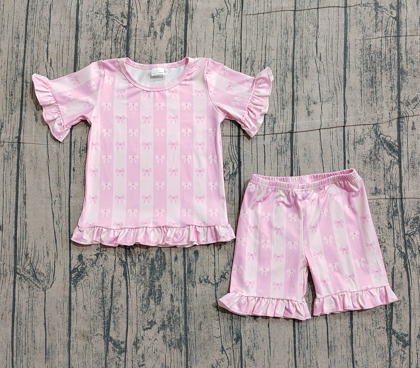 GSSO3341 Preorder Sample Baby Girl Short Sleeve Pink Bows Stripe Top Ruffle Short Clothes Set
