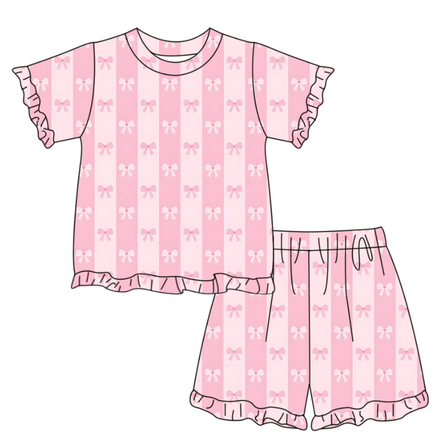 GSSO3341 Preorder Baby Girl Short Sleeve Pink Bows Stripe Top Ruffle Short Clothes Set