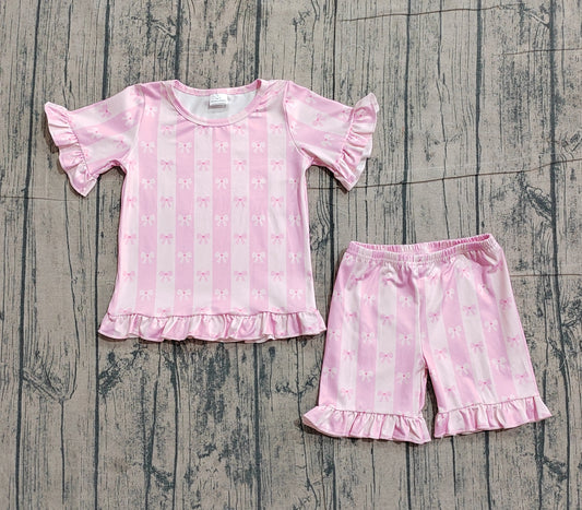 GSSO3341 Preorder Sample Baby Girl Short Sleeve Pink Bows Stripe Top Ruffle Short Clothes Set