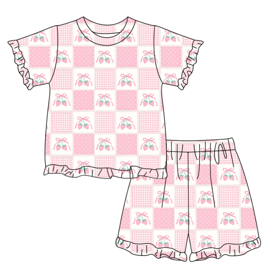 GSSO3342 Preorder Baby Girl Short Sleeve Pink Bows Strawberry Checked Top Ruffle Short Clothes Set
