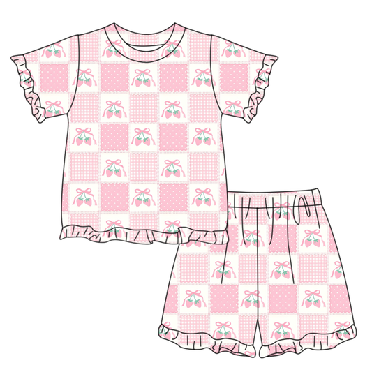 GSSO3342 Preorder Baby Girl Short Sleeve Pink Bows Strawberry Checked Top Ruffle Short Clothes Set