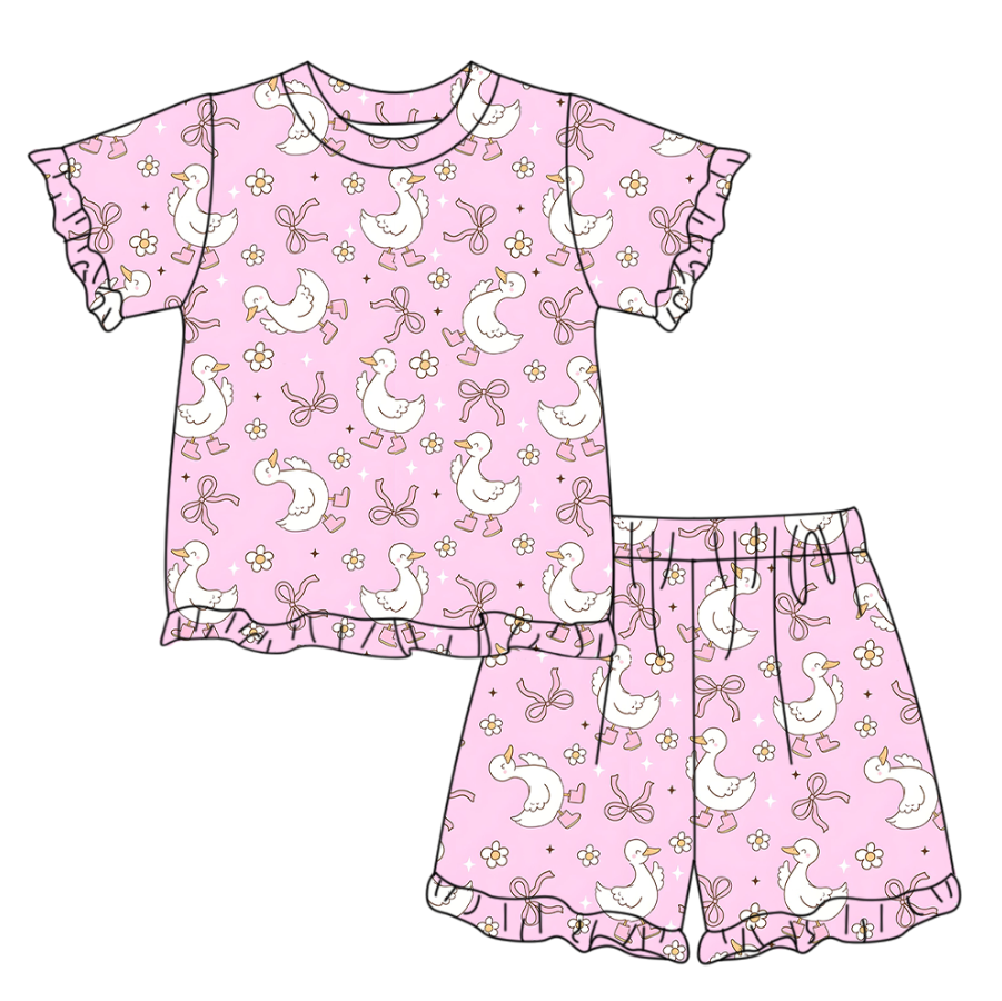 GSSO3343 Preorder Baby Girl Short Sleeve Pink Bows Gooses Checked Top Ruffle Short Clothes Set